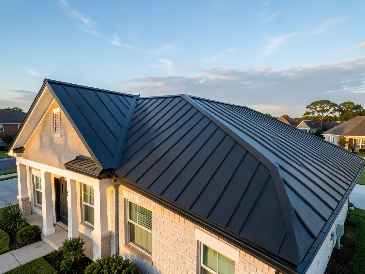 Dark standing seam metal roof on a home near Baton Rouge, Louisiana
